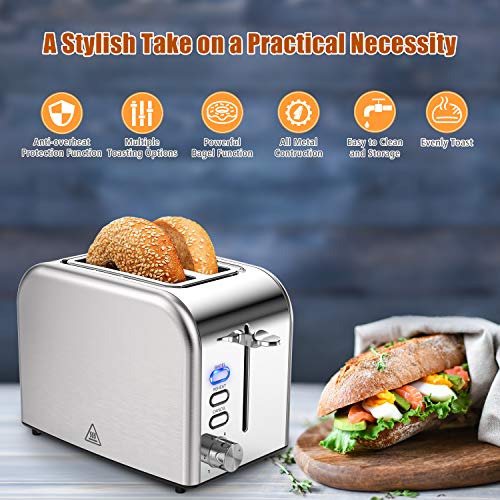 Toasters 2 Slice Best Rated Prime 1.5in Wide Slot with Bagel/Reheat/Cancel Function Stainless Steel Cool Touch 2 Slice silver Toaster for Bread with Removable Crumb Tray