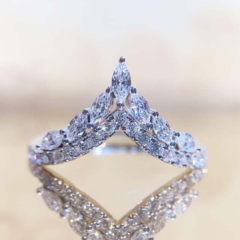 925 Sterling Silver Natural Diamond Crown Ring V-Shaped Microset Zircon Ring Cubic Zirconia Promise Rings CZ Shiny Multi Row Half Diamond Ring Eternity Engagement Wedding Band Ring for Women（8）