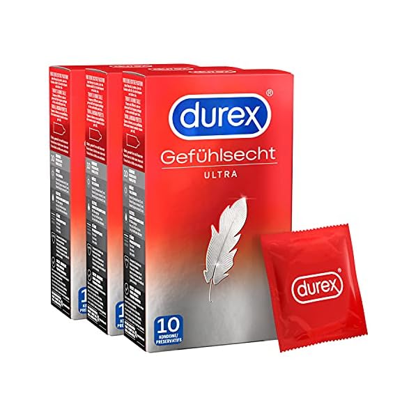 Durex Gefühlsecht Ultra Kondome – 20 % dünnere Spitze, mit Silikongleitgel befeuchtet, transparent, angenehmer Geruch – 10 Stück (3er Pack)