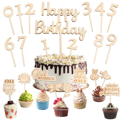 20pcs Cake Topper Zahlen Holz 0-9, Happy Birthday Tortendeko mit Kuchendekor Cupcake Topper Kuchen Deko Cake Topper Geburtstag für Mädchen Junge