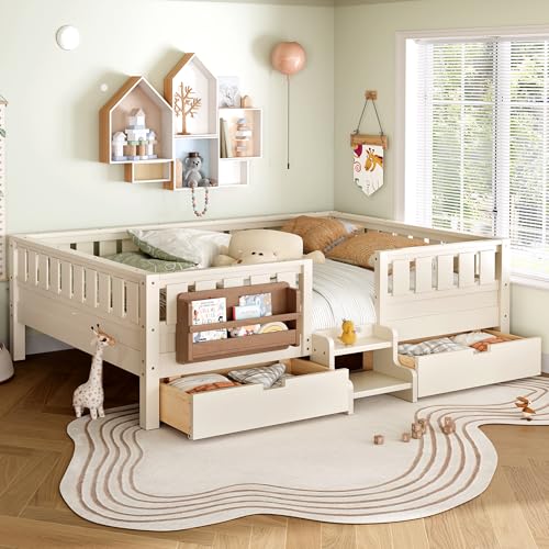 Bellemave Queen Size Kids Montessori Bed with Stairs and Bookshelf,Solid Wood Queen Size Kids Bed Frame with Drawers and Storage for Girls Boys,Low-Profile,Beige