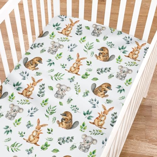 Image of Baby Australian Animals Crib Sheets for Girl Boy 52 inchx28 inch Koala Kangaroo Green Leaves Crib Mattress Covers Soft Breathable Fitted Nursery Baby Bed Sheets Fits Standard Crib and Toddler Mattress