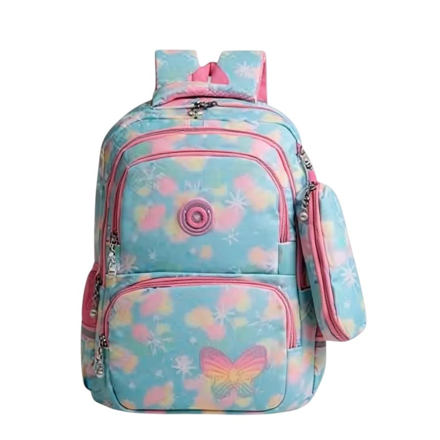 Mochila escolar menina Infantil Rosa com estojo, Estampa colorida, Bolso Frontal, Alças Acolchoadas (Azul)