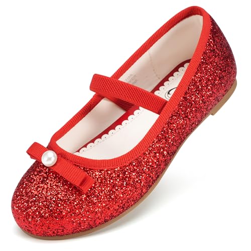 Stelle Girls Glitter Dress Shoes Flower Wedding Mary Jane Ballet Flats with Strap Toddler/Little/Big KidsGMJ014-Red 9MT