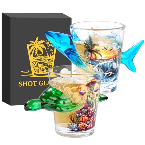 Lot de 2 Verres à Shot en Verre Tortue et Requin, Série Océan Verres à Liqueur, 50 ml avec Coffret Cadeau, pour Whisky, Brandy, Vodka, Tequila et Dessert,...