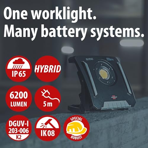 Brennenstuhl Professional Multi Battery LED Hybrid Baustrahler 6050 MH (60W, 6200lm, IP65, LED Baustrahler kompatibel mit 18V Akkus 11 verschiedener Hersteller, 5m, ohne Akku, Engineered in Germany)