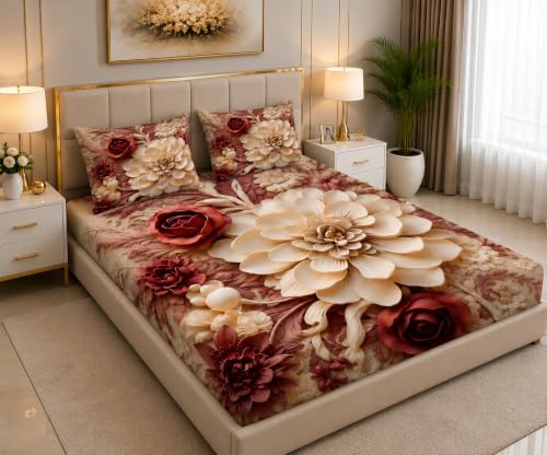 Image of 7D Digital Printed King Size Bedsheet | 240TC Premium Cotton Feel Microfiber with 2 Pillow Covers | Soft Breathable & Wrinkle Free Bedding Set | (REDFLW, King Size-90x100 Inch)