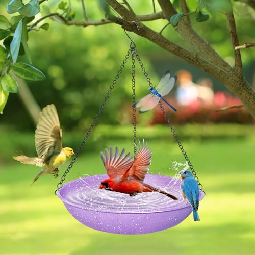 Image of 11 Inch Purple Speckled Metal Hanging Outdoor Bird Bath Bowl | Dual-use bird feeder & water basin with magnetic dragonfly decor for backyard and patio decoration