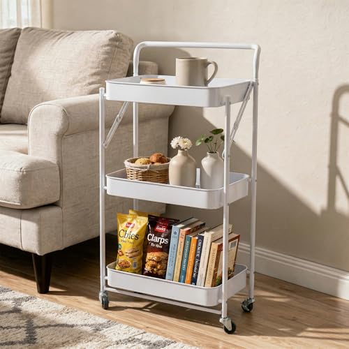 Image of Multipurpose Foldable Kitchen Storage Trolley with Handle | Heavy Metal 3-Tier Utility Cart for Storage | Portable Cart for Kitchen, Bedroom, Office | Kitchen Rack with Lockable Wheels (White)