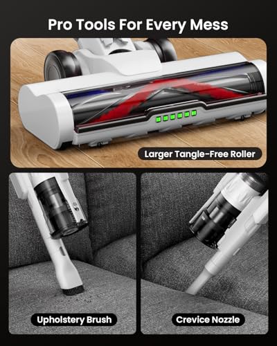 Image of Cordless Vacuum Cleaner for Home, Upgraded 60Kpa Powerful Suction Pet Hair Vacuum with 70min Runtime, Green LED Light for Hardwood Floors & Carpet, Self-Standing Rechargeable Stick Vacuum, Grey-white