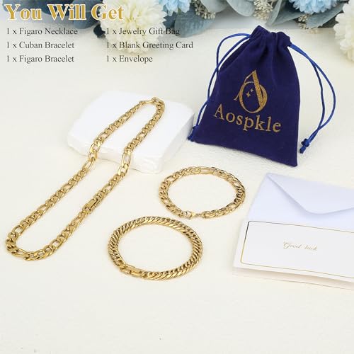 3PCS Figaro Necklace Bracelet Cuban Bracelet, Silver Gold Black Sturdy 316L Stainless Steel Cuban Link Figaro Chain for Men Jewelry Set with Gift Message Card 8mm, 7/8/9 Inches4