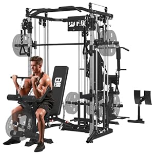 All in One Home Gym System Workout Station, Multi-Function Smithe Machine Power Cage with Cable Crossover System, Tripe-Sided Independent Load Posts, Functional Trainer for Full Body Training