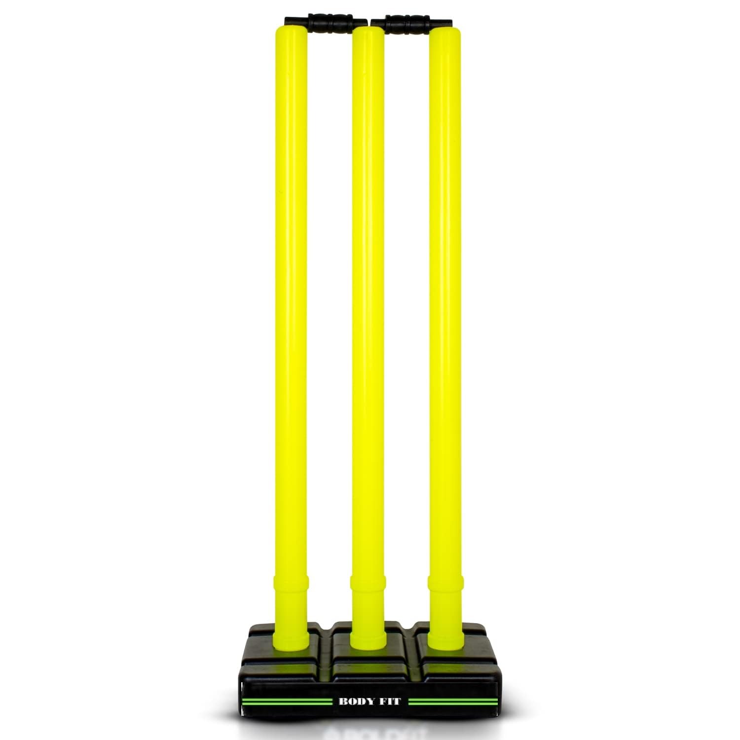 Bodyfit Heavy Cricket Stumps | Plastic Wickets Set with 3 Stumps + 2 Bails + 1 Stand | Full Size Wickets for Cricket Ground.(700-750Gm) Floro Yellow.
