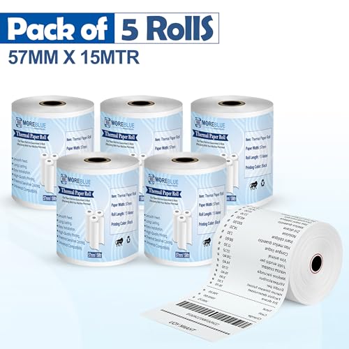 Image of MOREBLUE Credit Card, Food Bills Direct Thermal Receipt Paper Roll, Pack of 5 57mm(2 inch) x 15 Meter, Ink Free Print for POS, Credit Card Machines, & Petrol Pumps