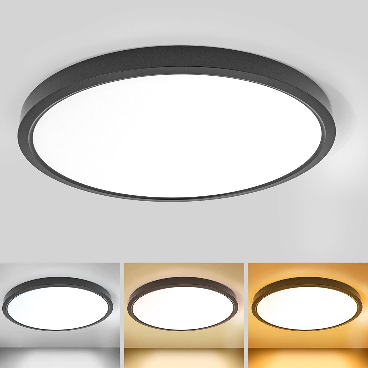 Roomratv Black Led Ceiling Light, Easy Installation Dimmable Flush Mount Light Fixture，3 Light Color Changeable, Brightness Adjustable,12 Inch 20W, Minimalist Style