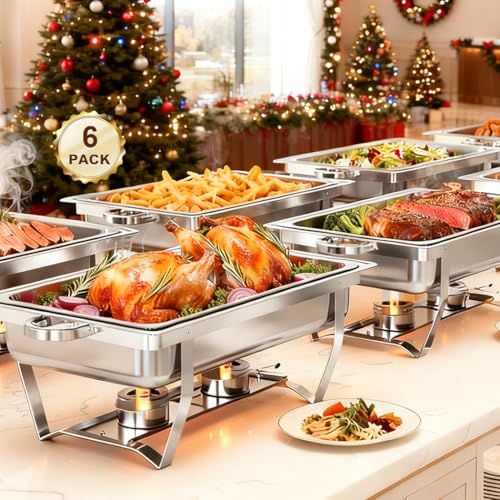 ALSO GO 6 Pack Chafing Dishes for Buffet, 9QT Large Chafing Dish Buffet Set Rectangular, Food Warmer for Parties, Stainless Steel Buffet Servers and Warmers, Catering Buffet Display for Christmas