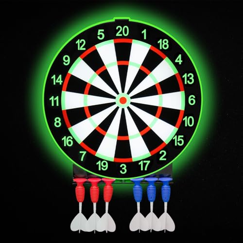 LED Light Up Dart Board with 6 Safe Suction Cup Darts 13-Inch LED Dartboard with Backlight Includes Dart Stand Excellent Indoor Game Party Games Bar Family Fun Room Wall Decor (Green Light)