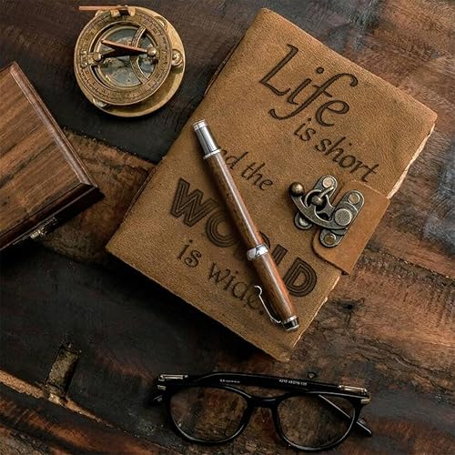 Image of DI-KRAFT Handcrafted A5 120 GSM Vintage Paper Printed Diary Leather Writing Diary With Buckle Lock Notebook Unruled Personal Diaries Leather Journal for Office - 5x7 Inch 200 Pages (Brown Quote5)
