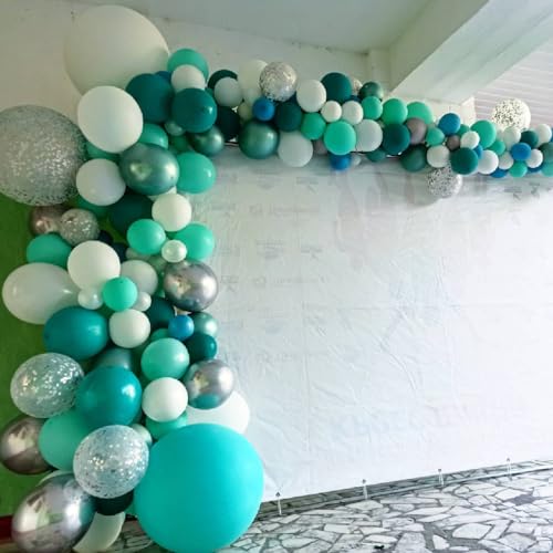 Image of Teal White Balloon Set, 60PCS Blue Silver Birthday Balloons, 12 Inch Teal Green Latex Balloon Turquoise Metallic Silver Confetti Balloons for Birthday Party Baby Shower Wedding Decorations