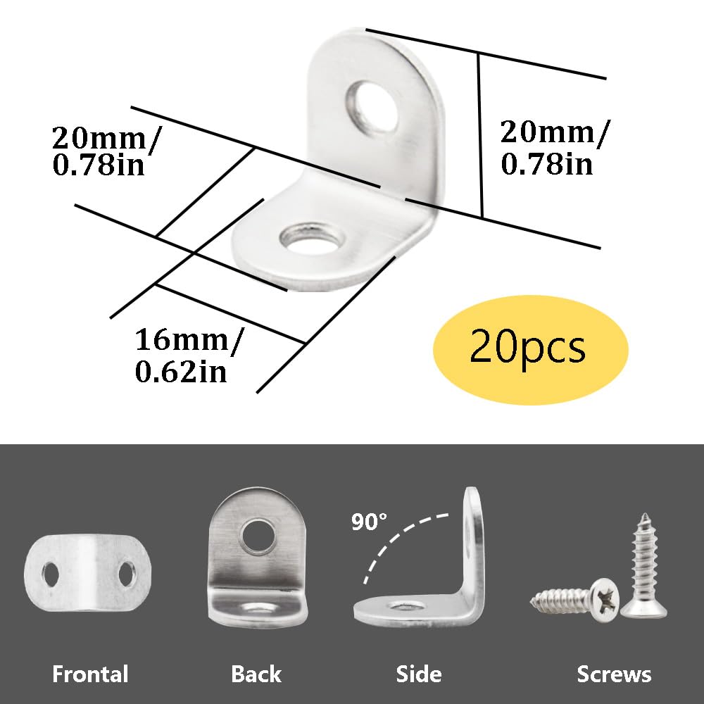 Hocansen 20 PCS Corner Bracket 20x20mm L Right Angle Brackets with Screw Stainless Steel 90 Degree Angle Support Corner Brace Brackets Fastener for Tables Wood Furniture(20x20mm/JM) - Image 2