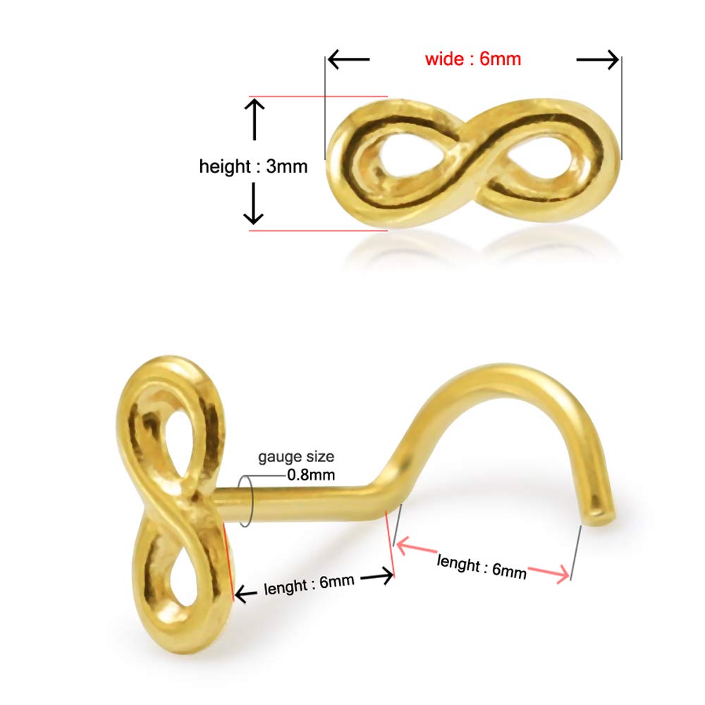 Monster Piercing 9K Gold Echtgold | Nasenpiercing Nasenstecker Stud | Infinity Unendlich Zeichen | Stabstärke: 20G (0,8 mm) | Stablänge: 7mm | Hypoallergen