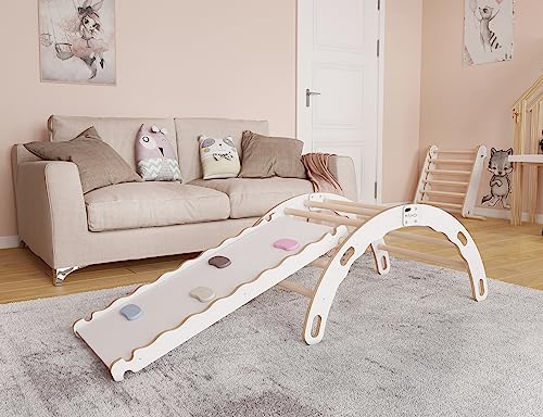 Foto von MAMOI® Kletterbogen mit Rutsche, Kletterdreieck, Klettern, Klettergerüst aus Holz, Holzbogen, Rutschbrett für Spielplatz, Klettergerüst Indoor
