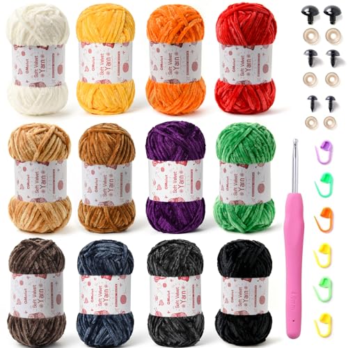 Image of 12 Pack Chenille Chunky Yarn - Baby Yarn for Crocheting Soft - Red Orange Green Blue Purple Black White Velvet Yarns Crochet Blanket - Amigurumi Yarns Pack with Crochet Accessories D