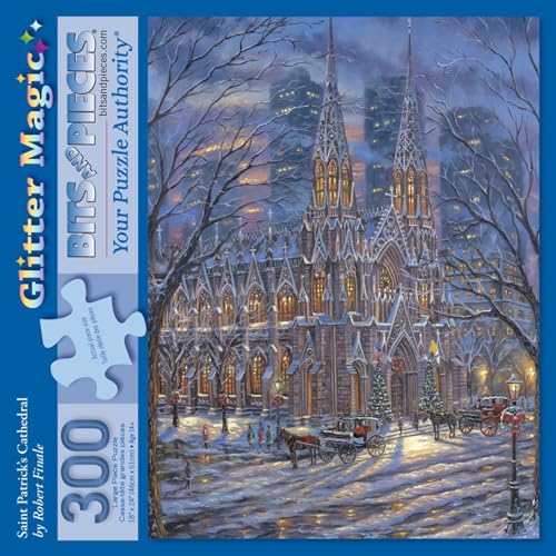 Bits and Pieces 300 Piece Puzzles for Adults - Saint Patrick's Cathedral - 300 Large Pieces 18' x 24' Glitter Jigsaw Puzzles, Snowy Church Scene, No 2 Pieces Alike