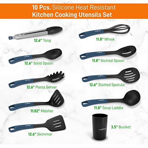 10-Piece Kitchen Cooking Utensils Set - Non-stick Heat Resistant Silicone Kitchen Gadgets Cookware Tools, Cooking Utensils Set with Holder, Pots & Pans Accessories - NutriChef NCUTL10DS (Blue/Black)