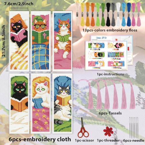 Image of ACRNIGHEET 6PCS Cross Stitch Bookmark Kit for Beginner Stamped Cross Stitch Kits for Adults Cute Reading Cat DIY Tassel Embroidery Bookmark Kits Needlepoint Kit with Instructions Gift 8.5''x3'' 11CT