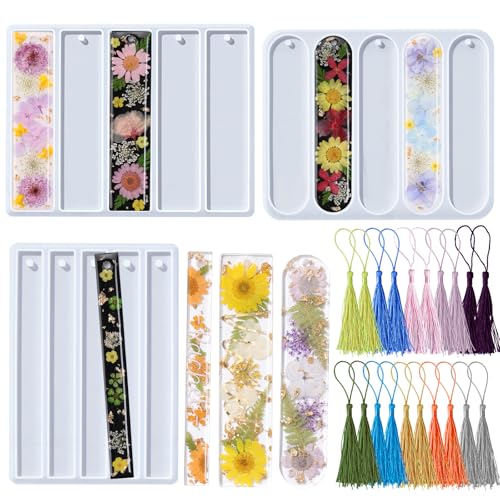LETS RESIN Bookmark Silicone Molds Set - 3 Shapes with 20Pcs Tassels for Epoxy Resin Resin Bookmark Molds Silicone for DIY Handmade Bookmarks & Personalized Craft Gifts