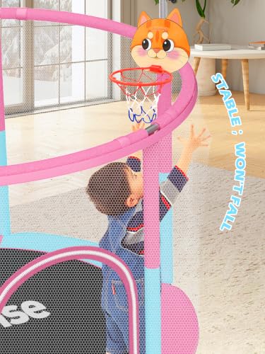 Image of BLUERISE 55IN 6FT Indoor /Outdoor Toddler Trampoline for Kids | Galvanized Steel Pipe,Multiple Activity Accessories,110lb,Safety Enclosure,Basketball Hoop,No-Gap Design,Anti-Rollover Bottom