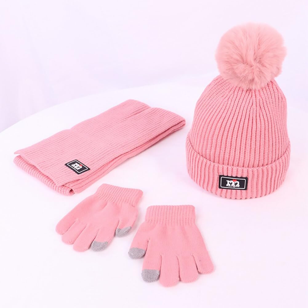 Winter Kids Hat Scarf Glove Set Fleece Lined Knit Beanie Neck Warmer Finger Mittens Warm Hat for Boys Girls 3-8 Years (Pink)