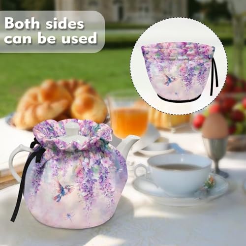 Image of Hummingbird Floral Print Tea Cozy for Teapot Insulated Thermal Tea Cozies Covers with Drawstring 6.1x6.1x6.9 Inch Teapot Insulation Cover, Kitchen Accessories, Purple