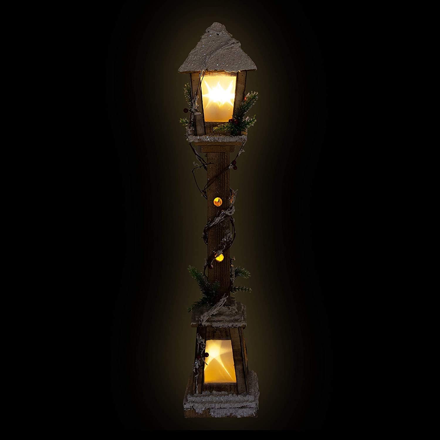 Lampione Natalizio in Legno h. 61 cm Bianco innevato con Luci LED Base 12x12cm Alimentazione a Batteria Decorazione Natalizia Babbo Natale