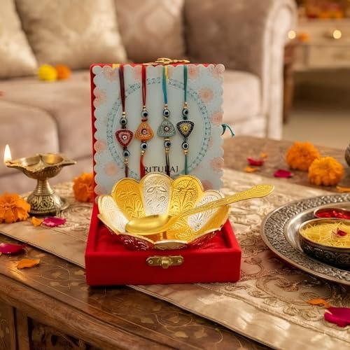 Image of Premium Rakhi Gift Set, Gold Plated German Silver Bowl Spoon, Designer Rakhi for Brother, Raksha Bandhan Festive Gift Box 4 Rakhi Set for Brother with gift