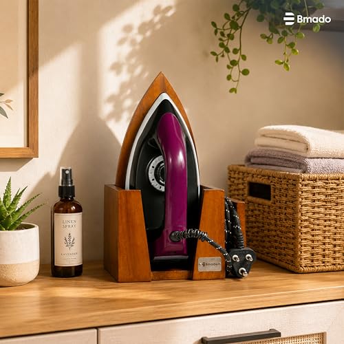 Image of Bmado Multi-Purpose Wooden Iron Press Holder | Safe Shock-Free Design | No Electricity Needed | Holds Iron & Organises Power Cable | Wall-Mounted Holder | Maximum Iron Box Width 5 Inches (12.7 cm)