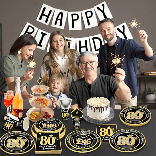 Image of 80th Birthday Decorations Black and Gold, Service for 30, Vintage 80th Birthday Party Supplies Includes Black Vintage 1946 Plates, Napkins, Cups, Plates and Napkins for Men Women