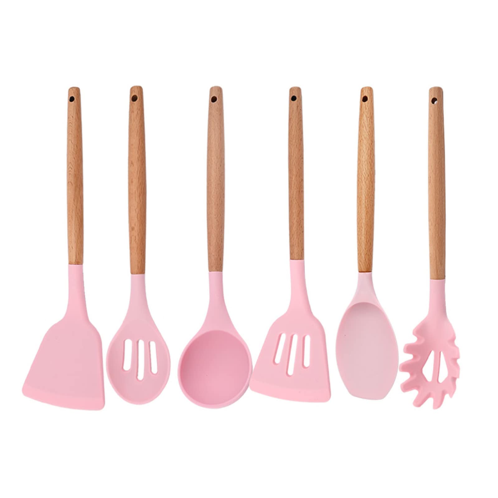 GTHTUHFD Cooking Spatulas And Spoons,Spoon Setcooking Utensils Set Silicone Kitchen Utensil Nonstick Cooking Utensils Wooden Handle Cookware Baking Gadget Set,Pink 6pcs