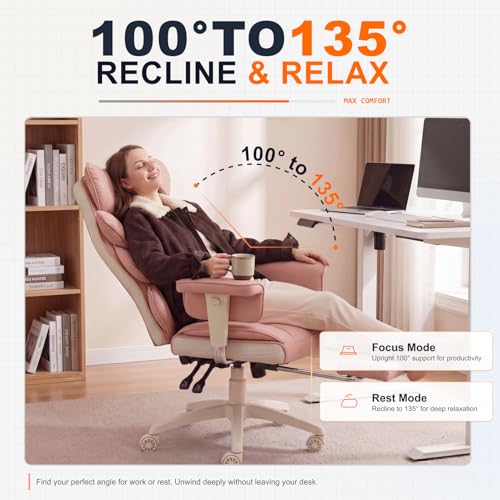 Image of Dowinx Big and Tall Office Chair with Pocket Spring Cushion,High Back Computer Gaming Chairs with Adjustable Armrests,Executive Desk Chairs with Lumbar Support and Footrest,PU-Pink