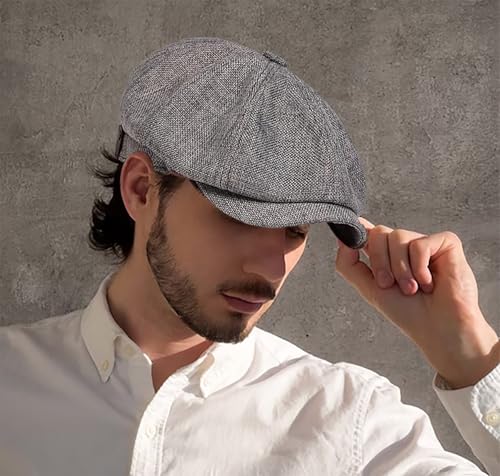 Image of Linen Men's Newsboy Flat Cap .8 Panel Ivy Cabbie Hat,Breathable Summer Gatsby Ivy Irish Fishing Hats,Paperboy Hats for Men
