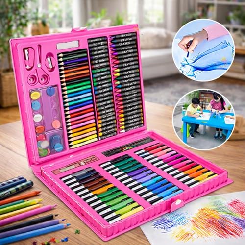 Image of WISHKEY 150 Pieces Art Set for Kids with Case, Art and Craft Supplies Kit for Drawing and Painting, Color Set with Markers, Water Colors, Brush, Color Pencils, Crayons (Pack of 1, Pink)