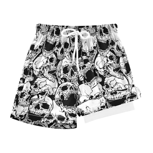 JHKKU Boys Skull Swim Trunks with Compression Liner Quick Dry Swim Shorts with Boxer Brief Bathing Suit 12-13 Years