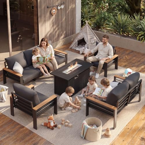 Image of Aoxun Patio Furniture Set, Aluminum Patio Set with Fire Pit Table and 5 inch Thicken & Washable Cushion, Waterproof Outdoor Furniture, Outdoor Couch Sectional for Backyard (7 Seats /F, Dark Grey)