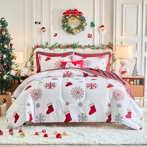 Christmas 7 Pieces Queen Comforter Sheet Set Bed in a Bag Holiday New Year Style - Red Gray Snowflake, Socks with Red Plaid - White Gingham Bedding Set with Comforters, Sheets, Pillowcases & Shams