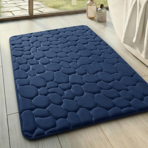 Image of YIHOUSE Memory Foam Bath Mat Cobblestone Bathroom Rugs Super Water Absorbent Bath Mats for Bathroom Machine Washable Bath Rugs(17x24,Dark Blue)
