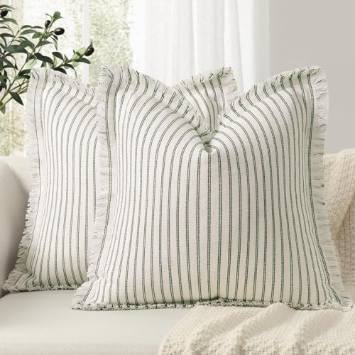 Image of ZWJD Throw Pillow Covers 24x24 Set of 2 Striped Pillow Covers with Fringe Chic Cotton Decorative Pillows Square Cushion Covers for Sofa Couch Bed Living Room Farmhouse Decor, (Olive Green)