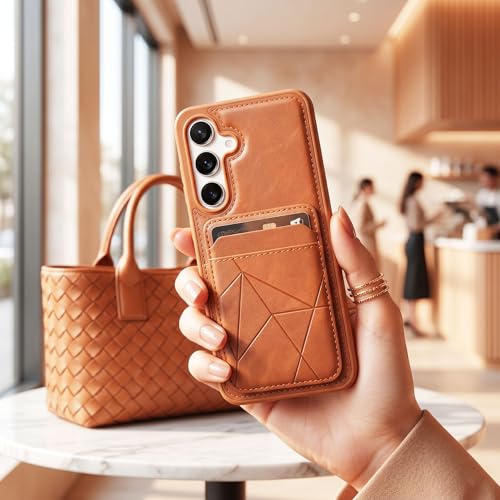 Image of amazon basics Premium Vegan Leather Back Cover with Card Holder and Integrated Mobile Stand for Samsung Galaxy S25 5G - Slim Shockproof Wallet Case with Geometric Stitching [Tan]