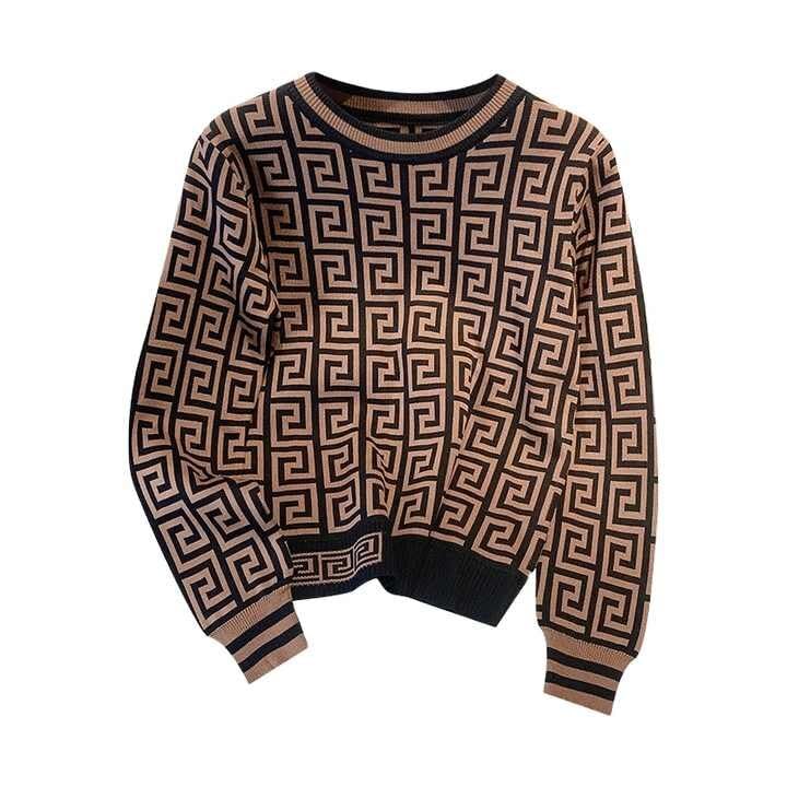 Vintage Greek Key Jacquard Long-Sleeved Sweater top,Women's Crew Neck Pullover/Sweater Brown