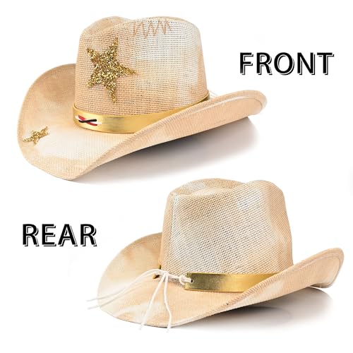 Image of Western Straw Cowboy Hats for Men & Women, Wide Shapeable Brim Cowgirl Sun Hat